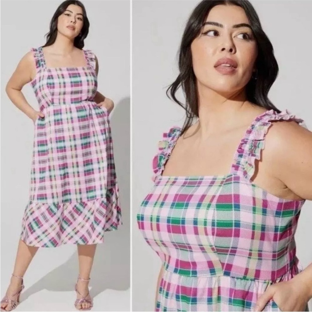 NWT Torrid Pink Plaid Green Mini Poplin Tiered Ruffle Strap Dress Size 1X